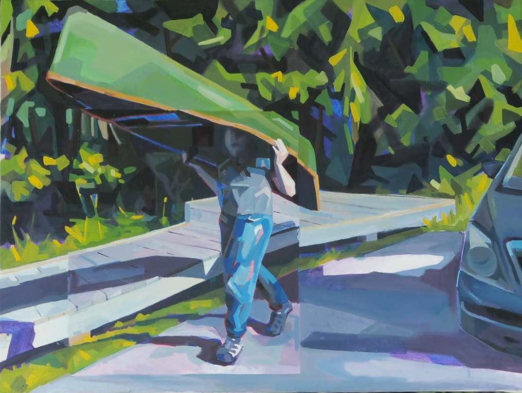 Dad Portaging Canoe, Painting.